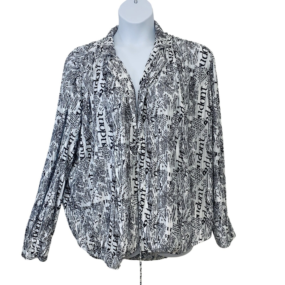 Akira Newpaper Print Tie Blouse Large  Oversized Pleated Long Bishop Sleeve Boho
